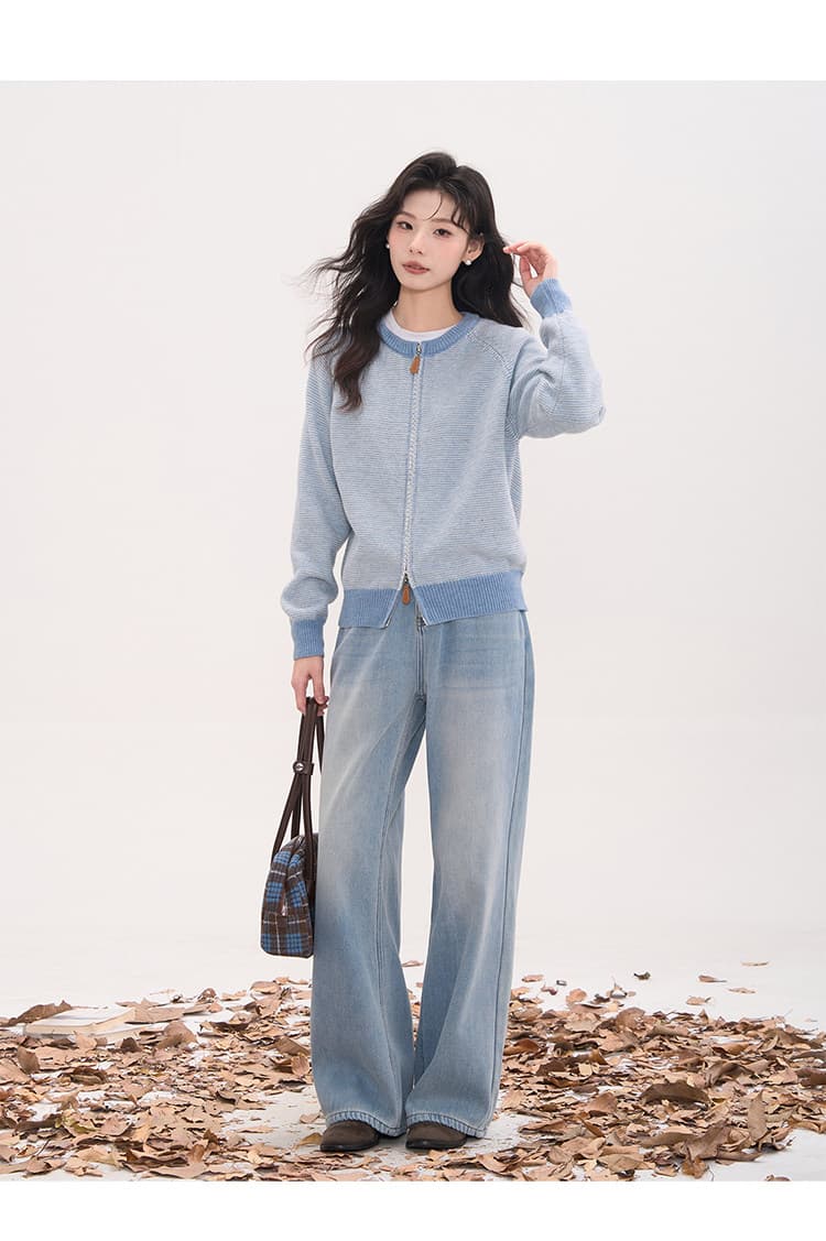 꽃밭 달빛 밀크 셰이크 한 부서 스트라이프 더블 지퍼 라운드 넥 오픈 가디건 니트 스웨터 여자 봄 가을 상세 이미지 13