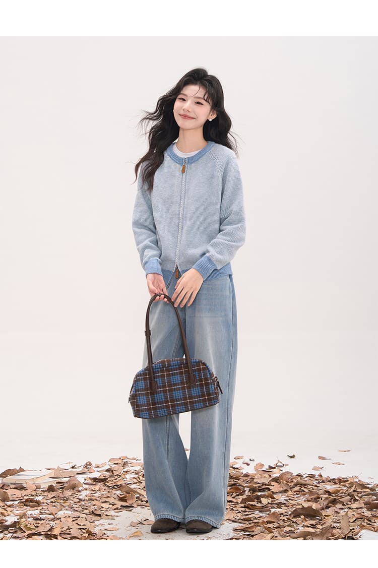 꽃밭 달빛 밀크 셰이크 한 부서 스트라이프 더블 지퍼 라운드 넥 오픈 가디건 니트 스웨터 여자 봄 가을 상세 이미지 15