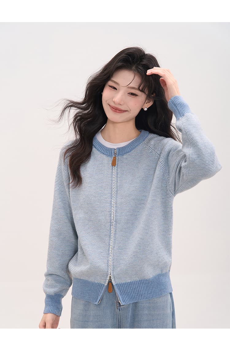 꽃밭 달빛 밀크 셰이크 한 부서 스트라이프 더블 지퍼 라운드 넥 오픈 가디건 니트 스웨터 여자 봄 가을 상세 이미지 17