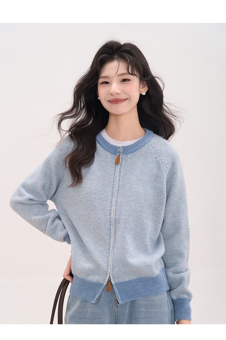 꽃밭 달빛 밀크 셰이크 한 부서 스트라이프 더블 지퍼 라운드 넥 오픈 가디건 니트 스웨터 여자 봄 가을 상세 이미지 18