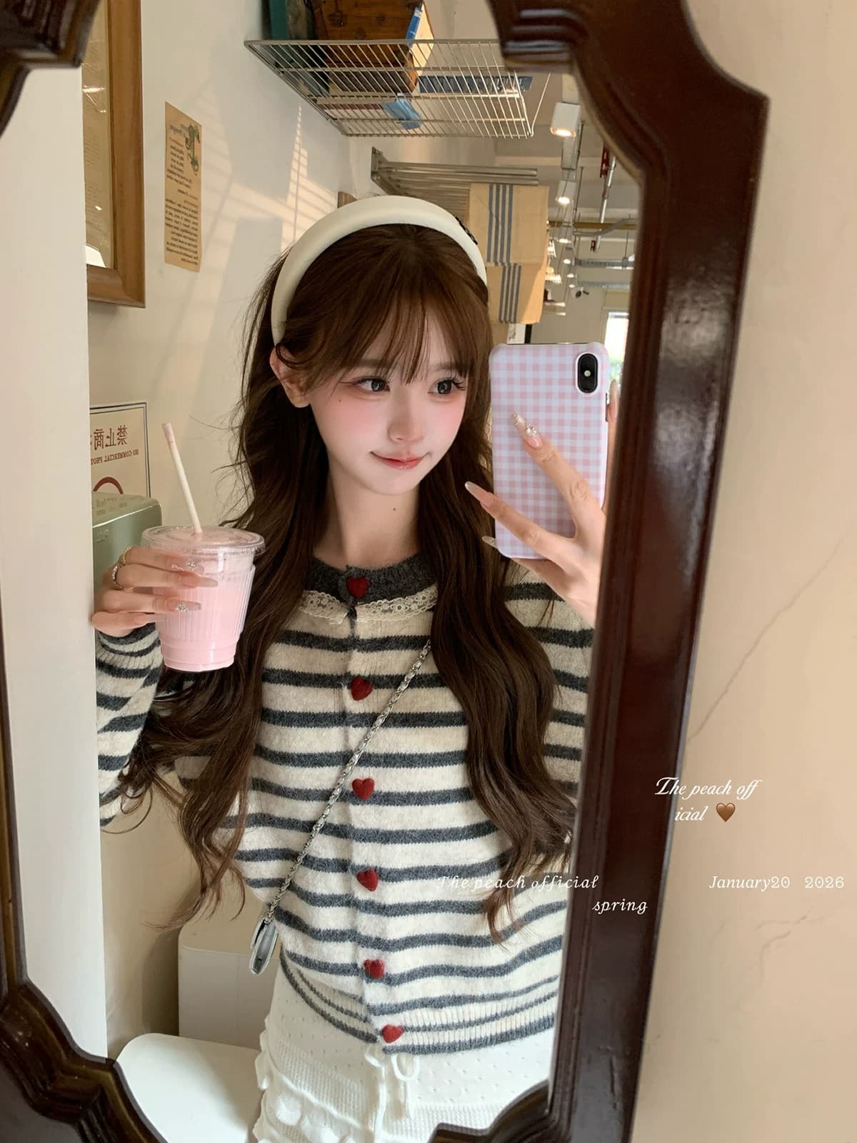 thepeachofficial 이웃 작은 집 달콤한 자매 한 부서 레이스 레이스 스트라이프 양모 니트 오픈 가디건 여성 이미지 3