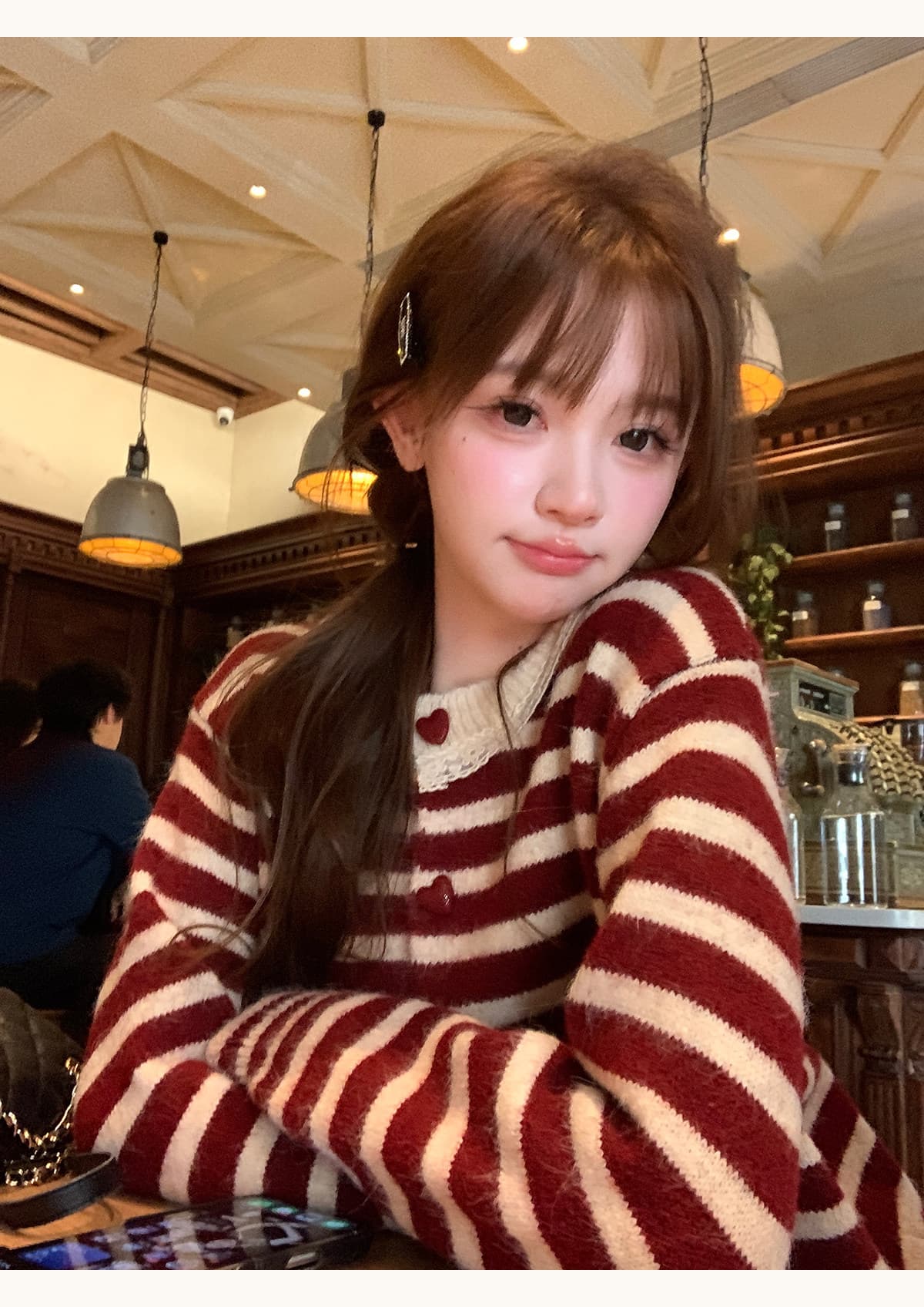 thepeachofficial 이웃 작은 집 달콤한 자매 한 부서 레이스 레이스 스트라이프 양모 니트 오픈 가디건 여성 상세 이미지 18