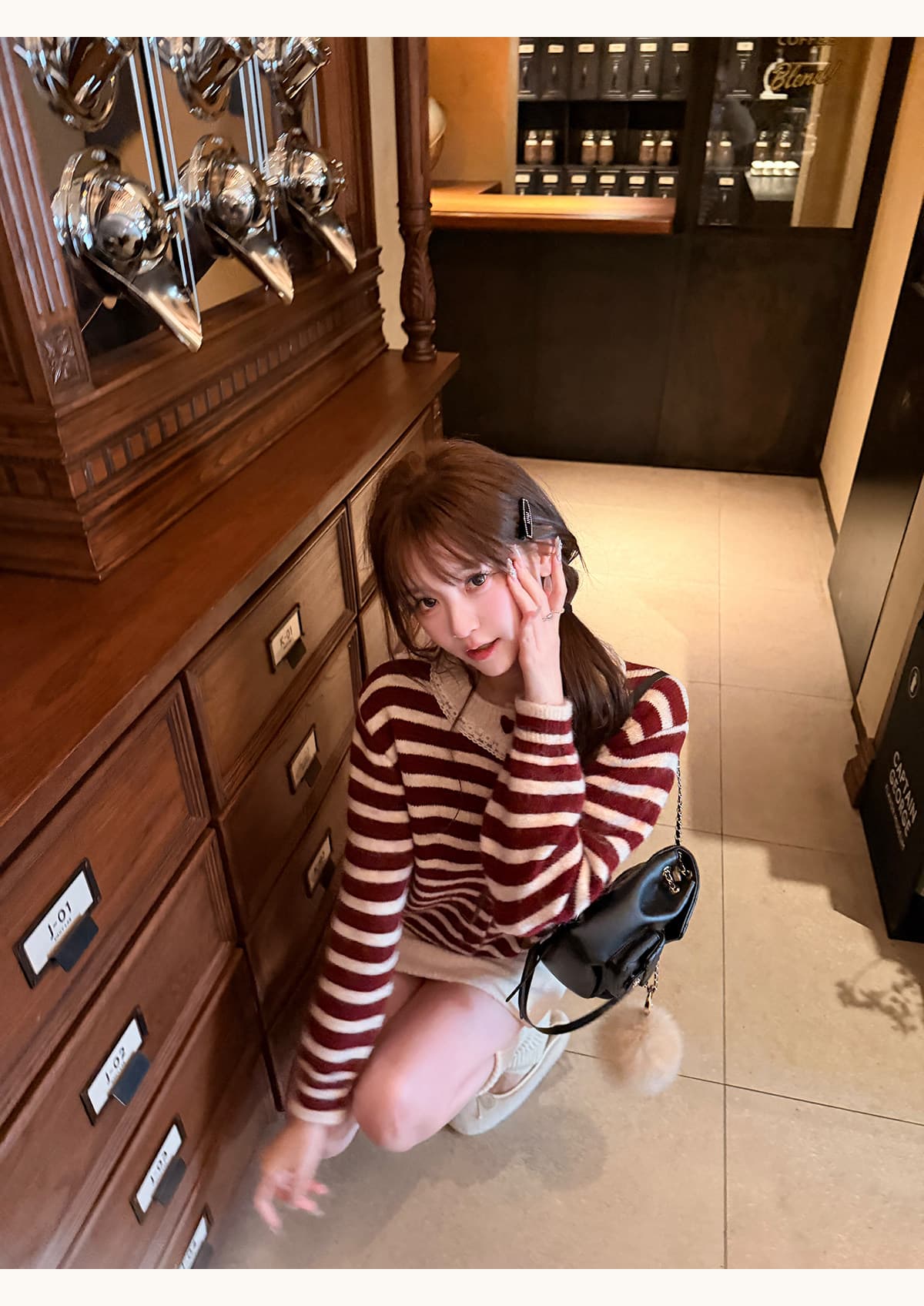 thepeachofficial 이웃 작은 집 달콤한 자매 한 부서 레이스 레이스 스트라이프 양모 니트 오픈 가디건 여성 상세 이미지 19