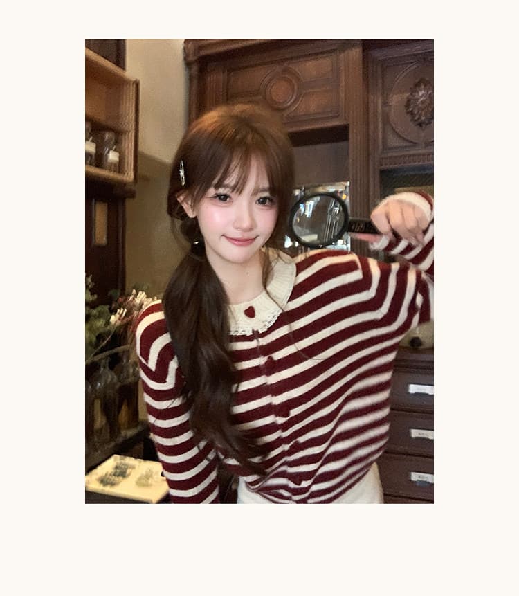 thepeachofficial 이웃 작은 집 달콤한 자매 한 부서 레이스 레이스 스트라이프 양모 니트 오픈 가디건 여성 상세 이미지 21