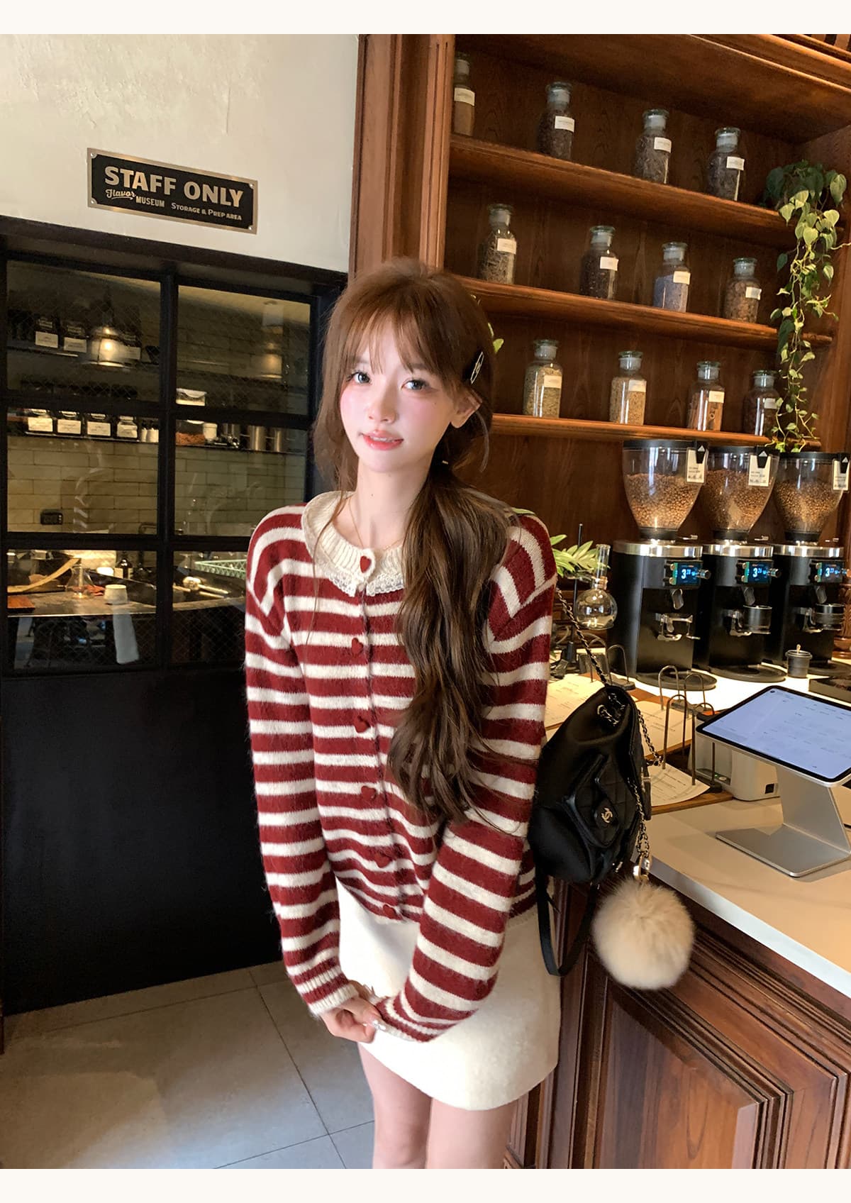 thepeachofficial 이웃 작은 집 달콤한 자매 한 부서 레이스 레이스 스트라이프 양모 니트 오픈 가디건 여성 상세 이미지 22