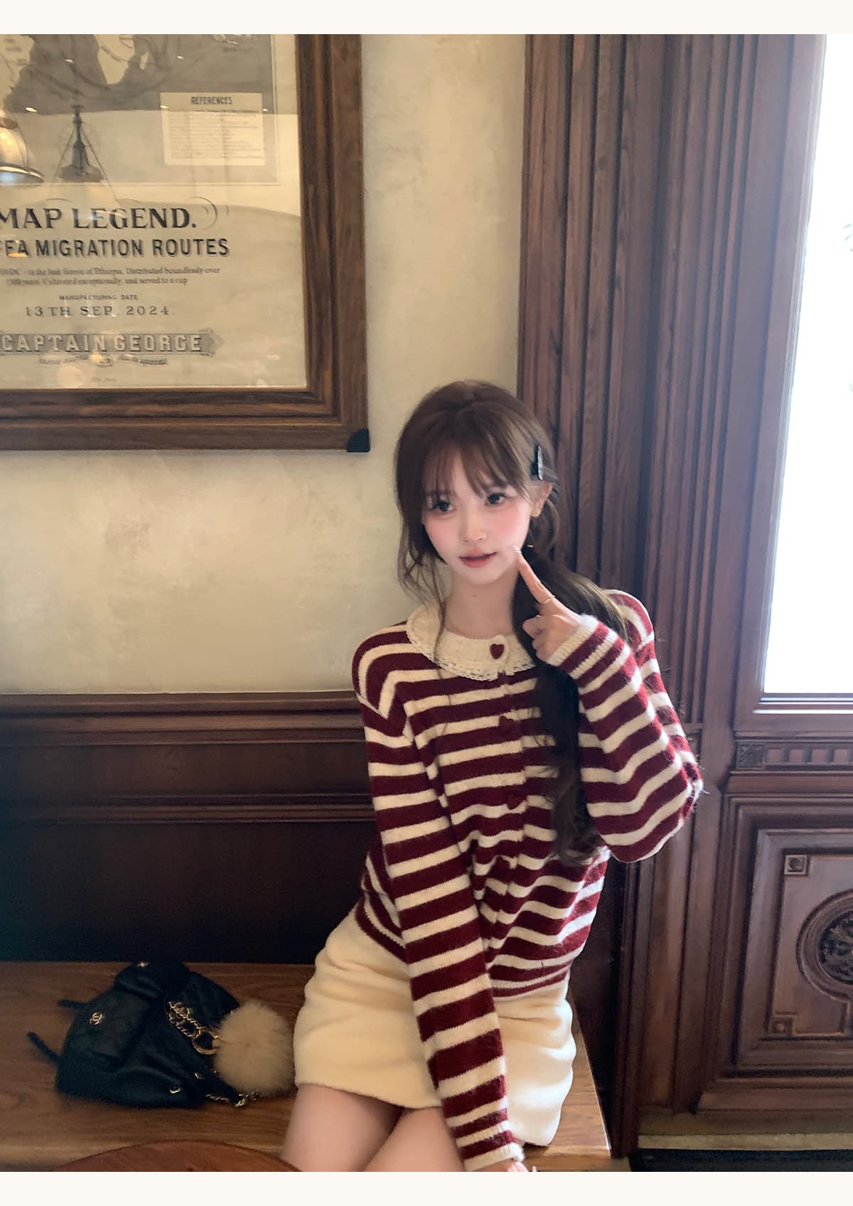 thepeachofficial 이웃 작은 집 달콤한 자매 한 부서 레이스 레이스 스트라이프 양모 니트 오픈 가디건 여성 상세 이미지 34