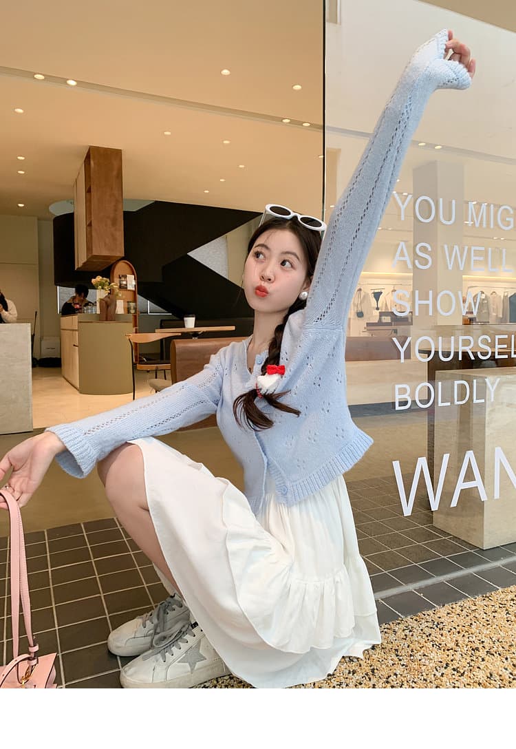 한 번 작은 짭짤한 소프트 캔디 소녀 작은 키 홀로우 아웃 쇼트 스타일 니트 오픈 가디건 여성 이른 봄 출퇴근 다용도 얇은 스타일 맨위 상세 이미지 16