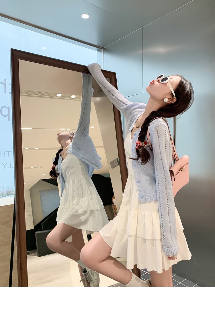 한 번 작은 짭짤한 소프트 캔디 소녀 작은 키 홀로우 아웃 쇼트 스타일 니트 오픈 가디건 여성 이른 봄 출퇴근 다용도 얇은 스타일 맨위 상세 이미지 25