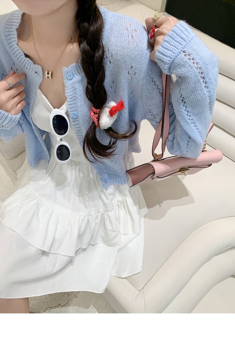 한 번 작은 짭짤한 소프트 캔디 소녀 작은 키 홀로우 아웃 쇼트 스타일 니트 오픈 가디건 여성 이른 봄 출퇴근 다용도 얇은 스타일 맨위 상세 이미지 26