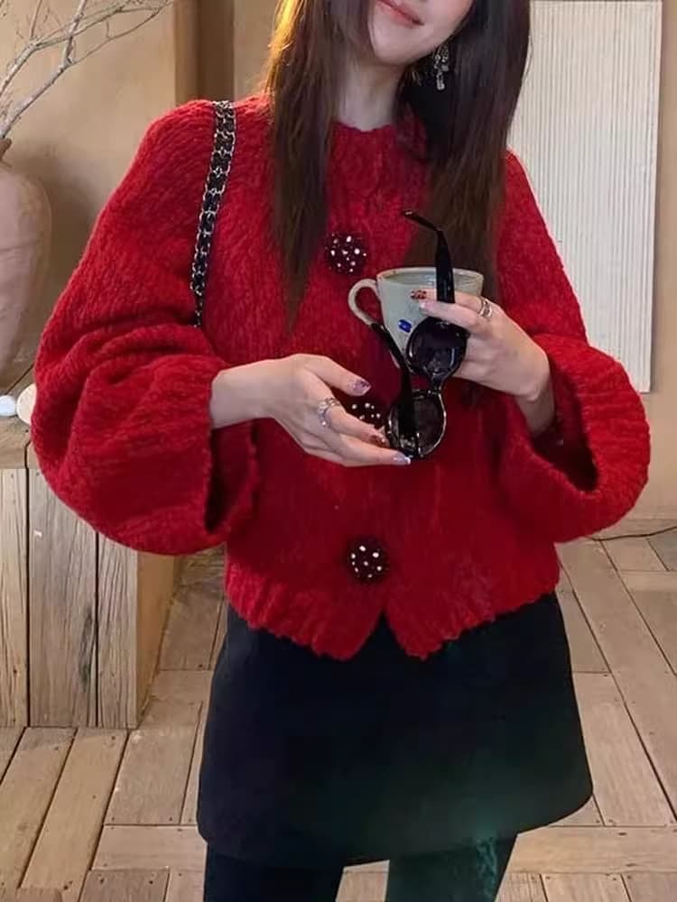 프랑스식 도파민 느긋한 바람 쇼트 스타일 빨간색 스웨터 여자 가을 겨울 새로운 단추 신년 착용 가져 가라. 오픈 가디건 여성 코트 상세 이미지 7