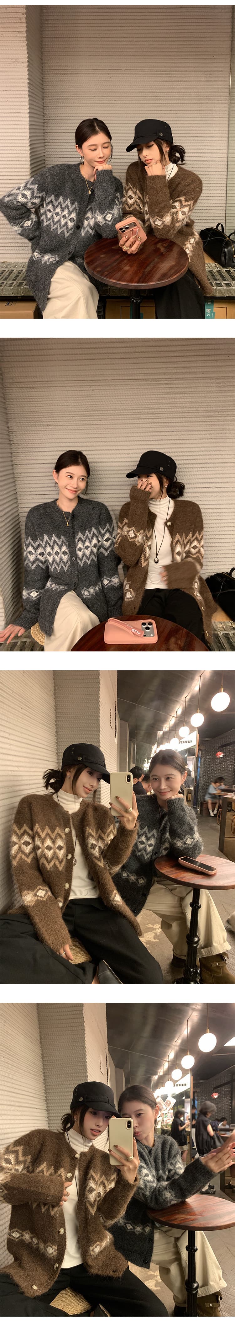 ekool 양모 공정한 섬 자카드 스웨터 오픈 가디건 여성 겨울 두꺼운 루즈핏 다용도 슬림해 보이는 니트 재킷 상세 이미지 8