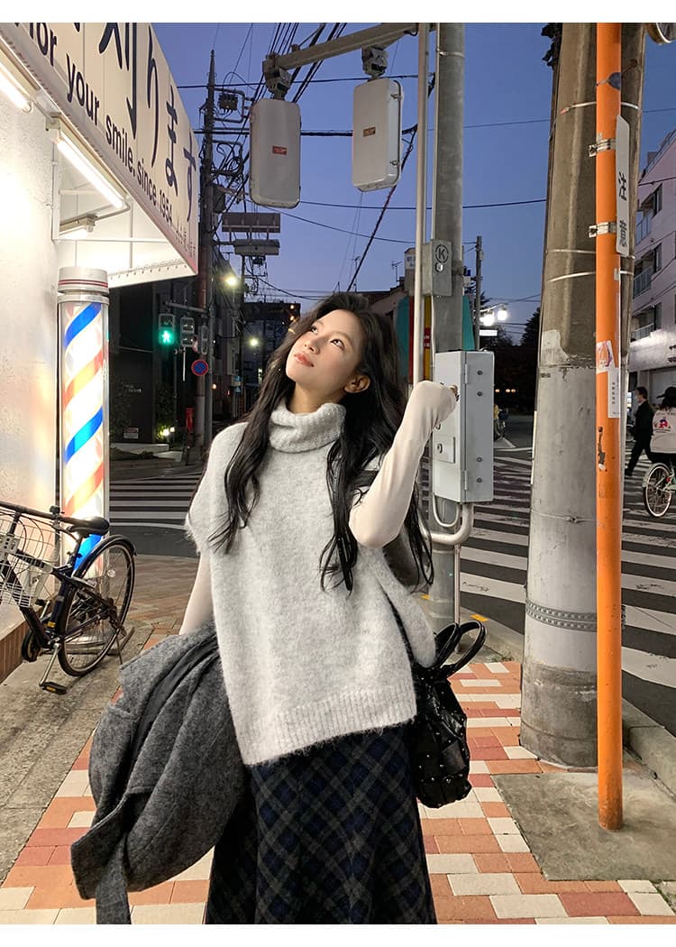 daqianwithu 한 부서 터틀넥 조끼 스웨터 여자 느긋한 느슨함 센스 다용도 스택 착용 민소매 맨위 상세 이미지 14