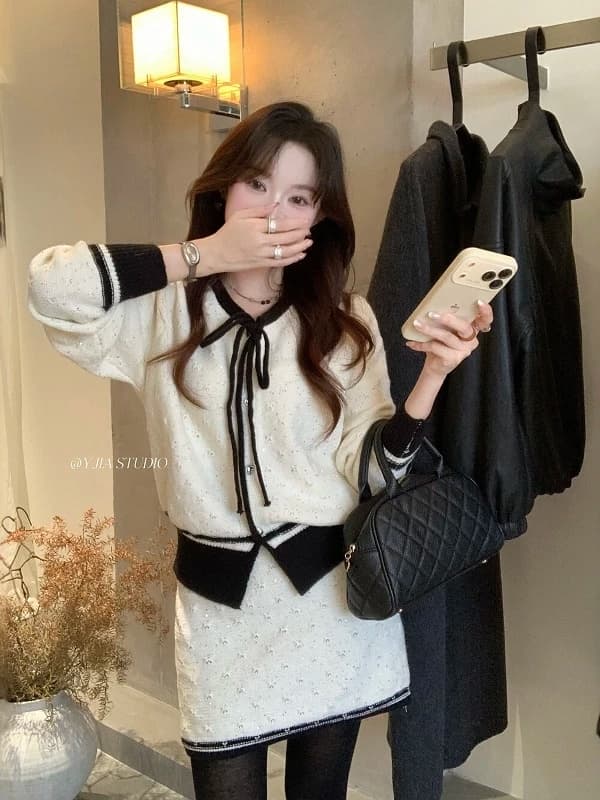 한 부서 미니멀리즘 품격 다용도 단색 긴팔 스웨터 달콤함 편안함 하이웨이스트 슬림해 보이는 반신 스커트 여성 가을