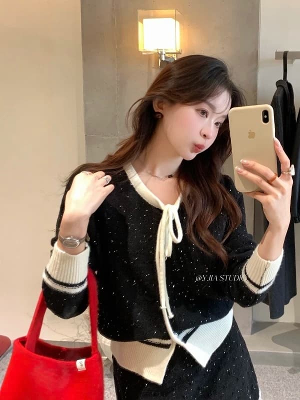 한 부서 미니멀리즘 품격 다용도 단색 긴팔 스웨터 달콤함 편안함 하이웨이스트 슬림해 보이는 반신 스커트 여성 가을 이미지 2