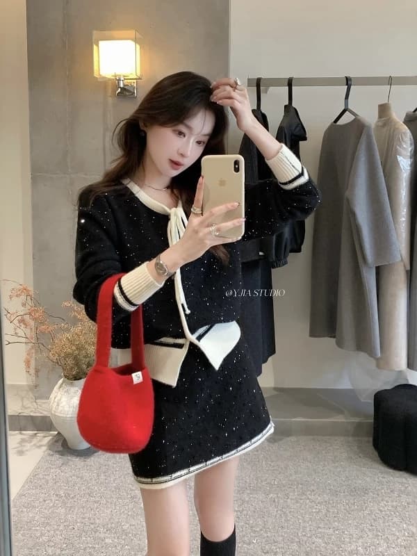한 부서 미니멀리즘 품격 다용도 단색 긴팔 스웨터 달콤함 편안함 하이웨이스트 슬림해 보이는 반신 스커트 여성 가을 상세 이미지 1