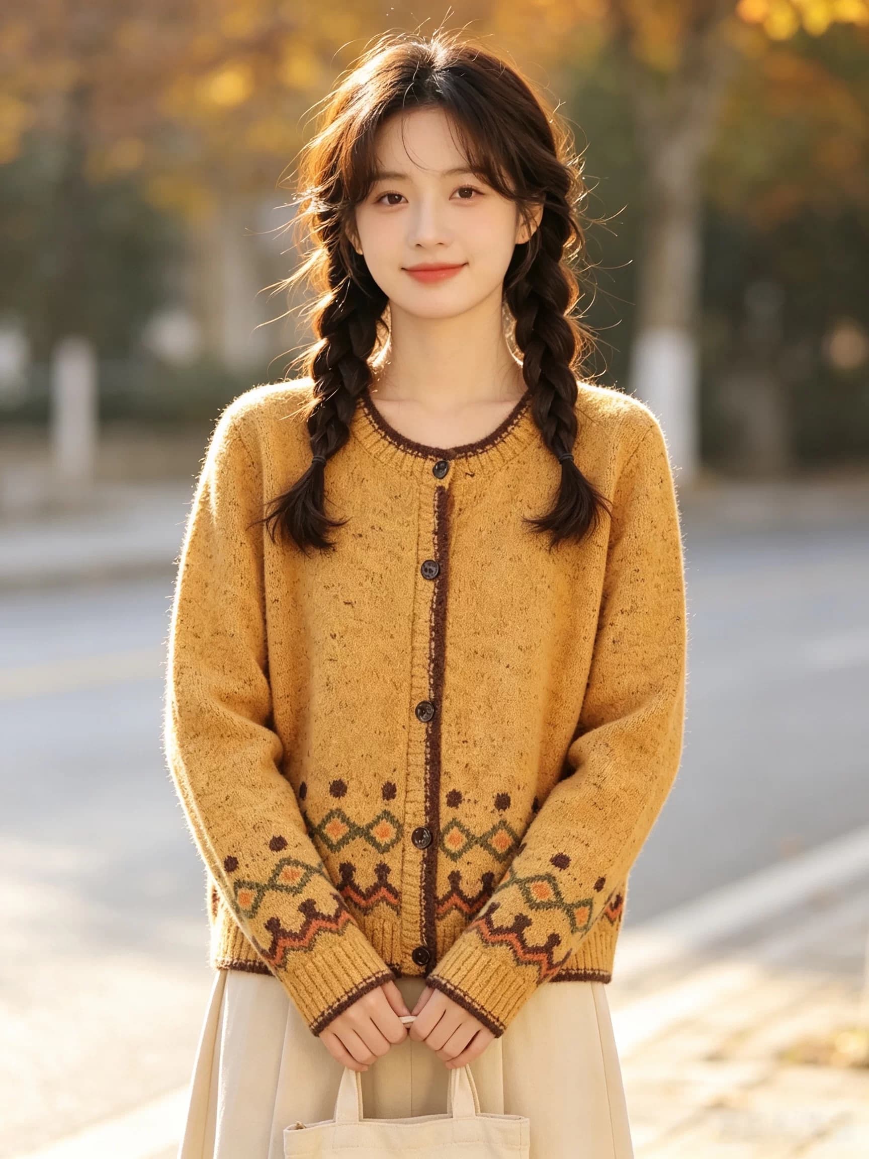 심황 색상 레트로 링 그리드 물결무늬 곡물 배색 스웨터 잡색 꽃 실 라운드 넥 싱글 줄 버튼 슬림해 보이는 니트 오픈 가디건 이미지 3