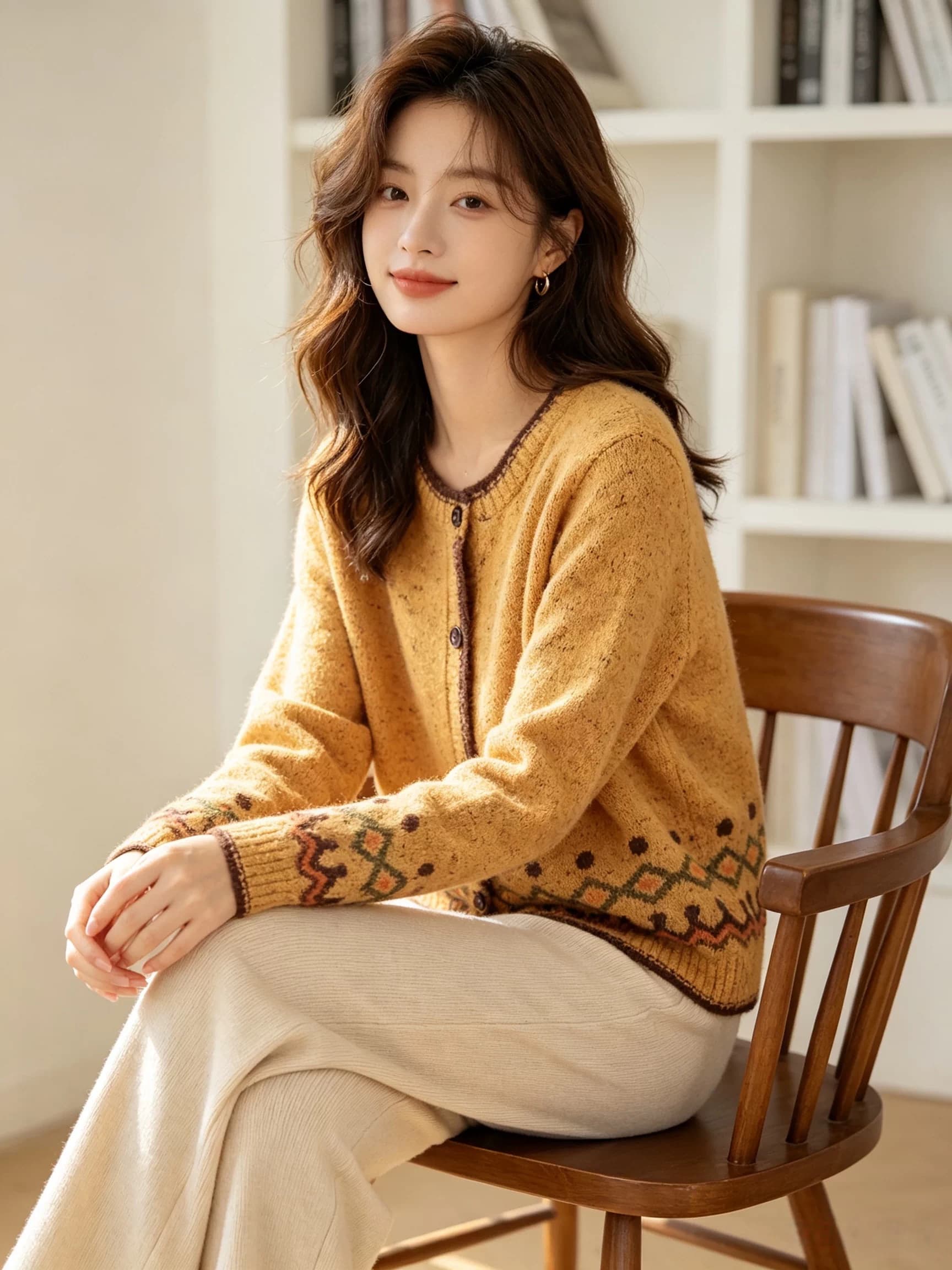 심황 색상 레트로 링 그리드 물결무늬 곡물 배색 스웨터 잡색 꽃 실 라운드 넥 싱글 줄 버튼 슬림해 보이는 니트 오픈 가디건 이미지 4
