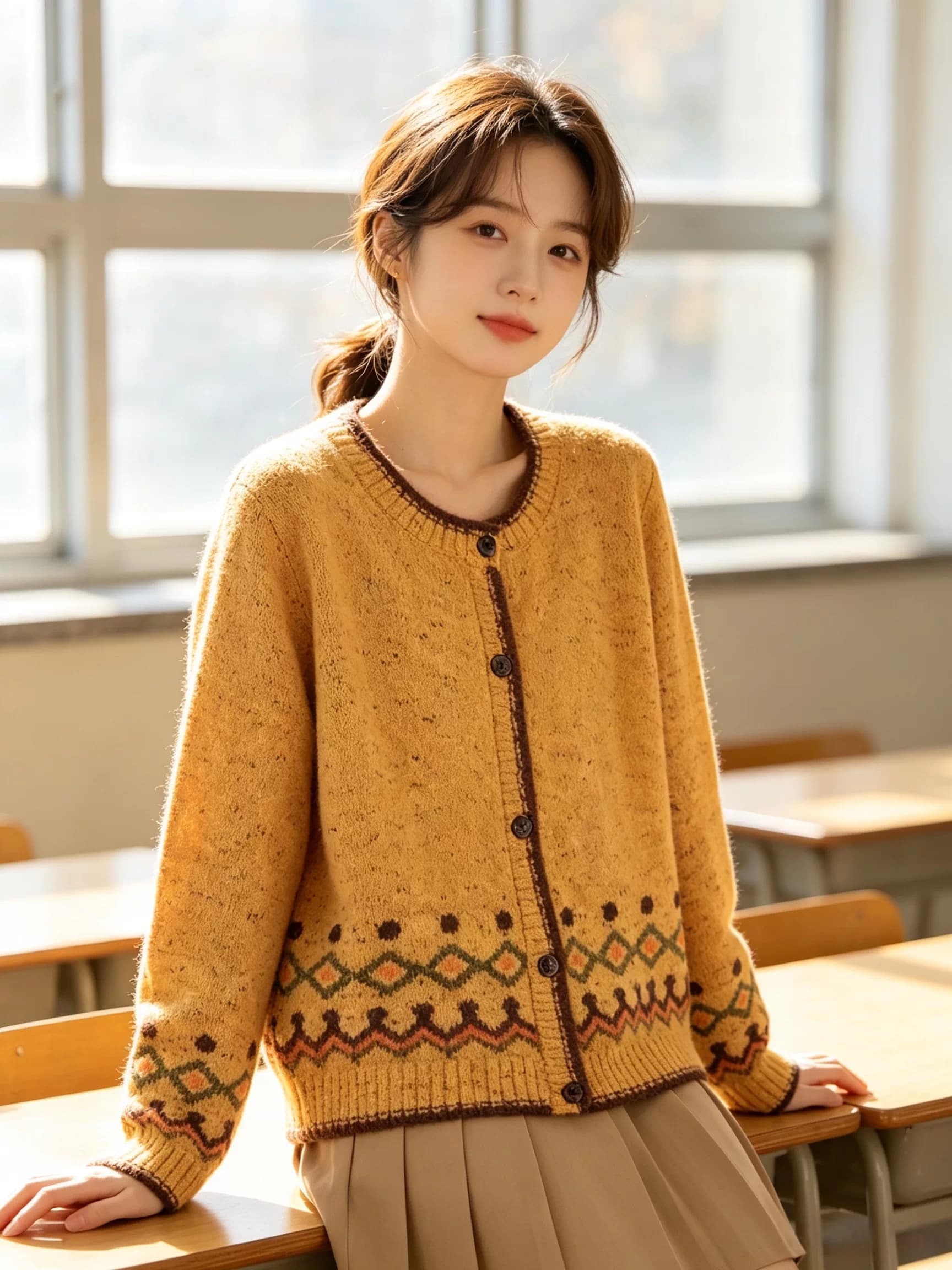 심황 색상 레트로 링 그리드 물결무늬 곡물 배색 스웨터 잡색 꽃 실 라운드 넥 싱글 줄 버튼 슬림해 보이는 니트 오픈 가디건 상세 이미지 4