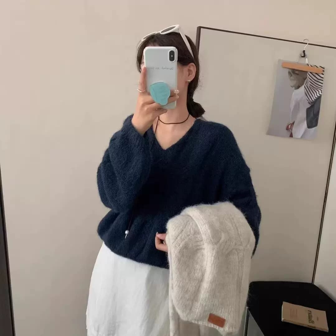 한 부서 느긋한 바람 V넥 꽈배기 니트 스웨터 여자 가을 겨울 착용 가져 가라. 부드러운 찹쌀 슬림해 보이는 루즈핏 맨위 여성 새로운 이미지 2
