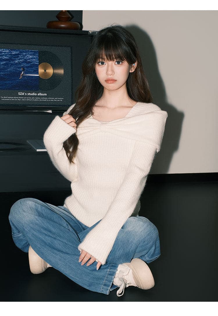 프랑스식 부드러운 쌀 화이트 부드러운 찹쌀 스웨터 니트 스웨터 여성 순수한 욕망 ins 나비 매듭 오프숄더 맨위 이미지 4
