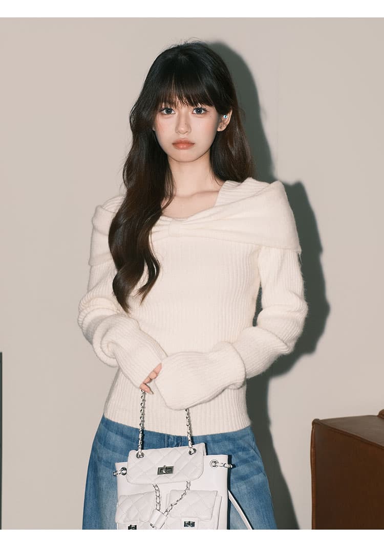 프랑스식 부드러운 쌀 화이트 부드러운 찹쌀 스웨터 니트 스웨터 여성 순수한 욕망 ins 나비 매듭 오프숄더 맨위 상세 이미지 1