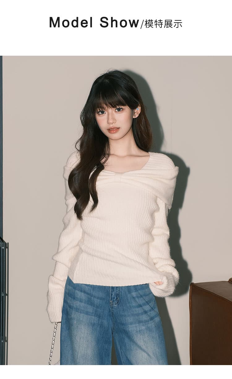 프랑스식 부드러운 쌀 화이트 부드러운 찹쌀 스웨터 니트 스웨터 여성 순수한 욕망 ins 나비 매듭 오프숄더 맨위 상세 이미지 3