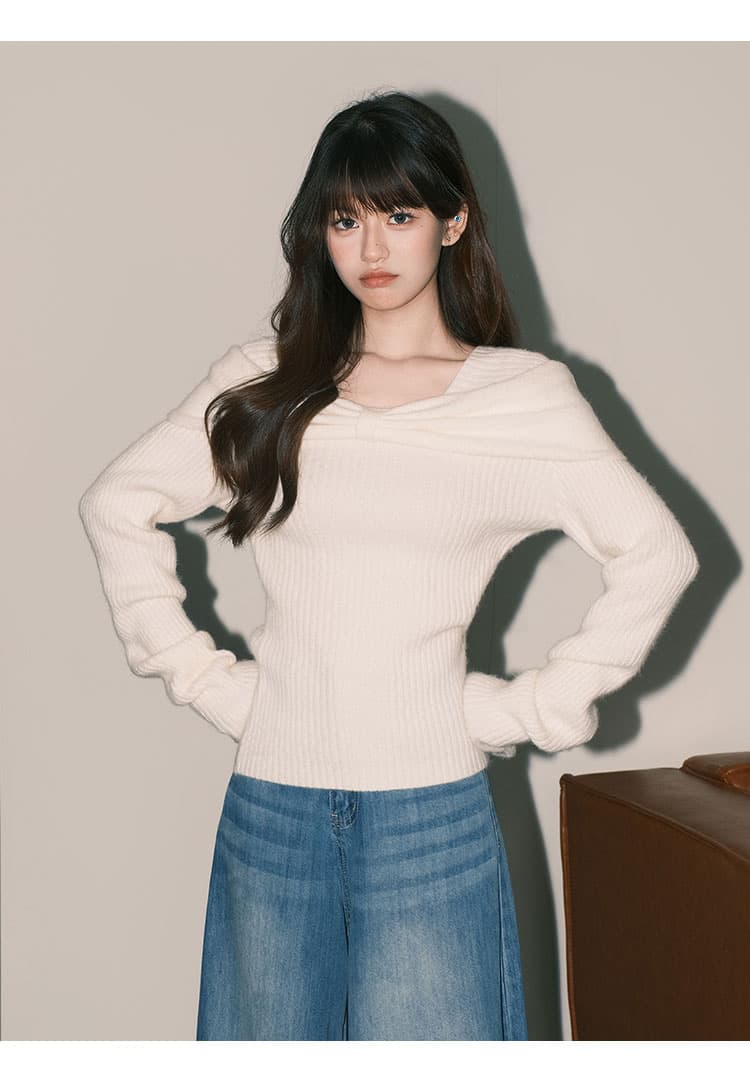 프랑스식 부드러운 쌀 화이트 부드러운 찹쌀 스웨터 니트 스웨터 여성 순수한 욕망 ins 나비 매듭 오프숄더 맨위 상세 이미지 4