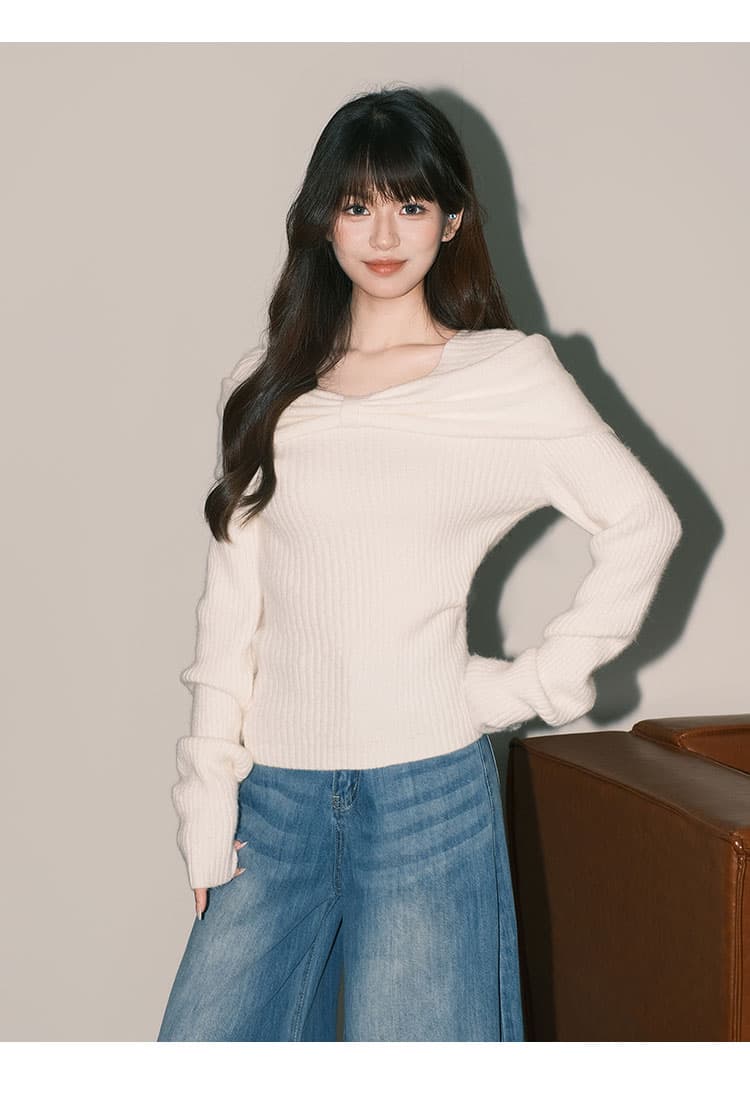 프랑스식 부드러운 쌀 화이트 부드러운 찹쌀 스웨터 니트 스웨터 여성 순수한 욕망 ins 나비 매듭 오프숄더 맨위 상세 이미지 5