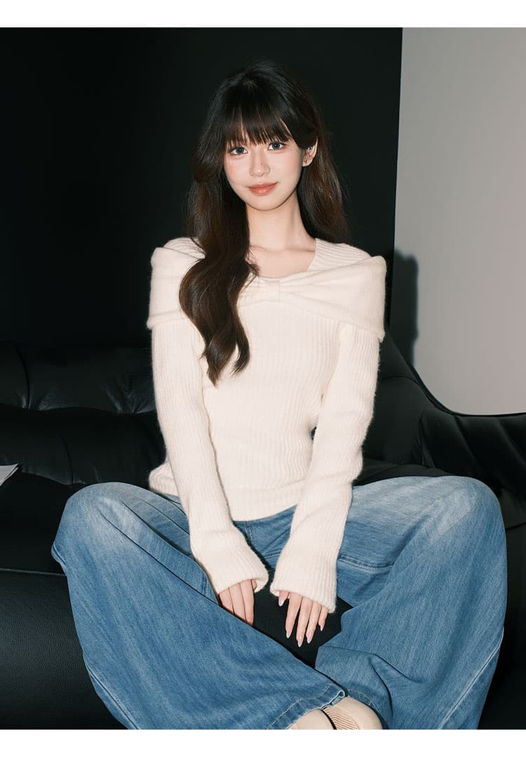 프랑스식 부드러운 쌀 화이트 부드러운 찹쌀 스웨터 니트 스웨터 여성 순수한 욕망 ins 나비 매듭 오프숄더 맨위 상세 이미지 9