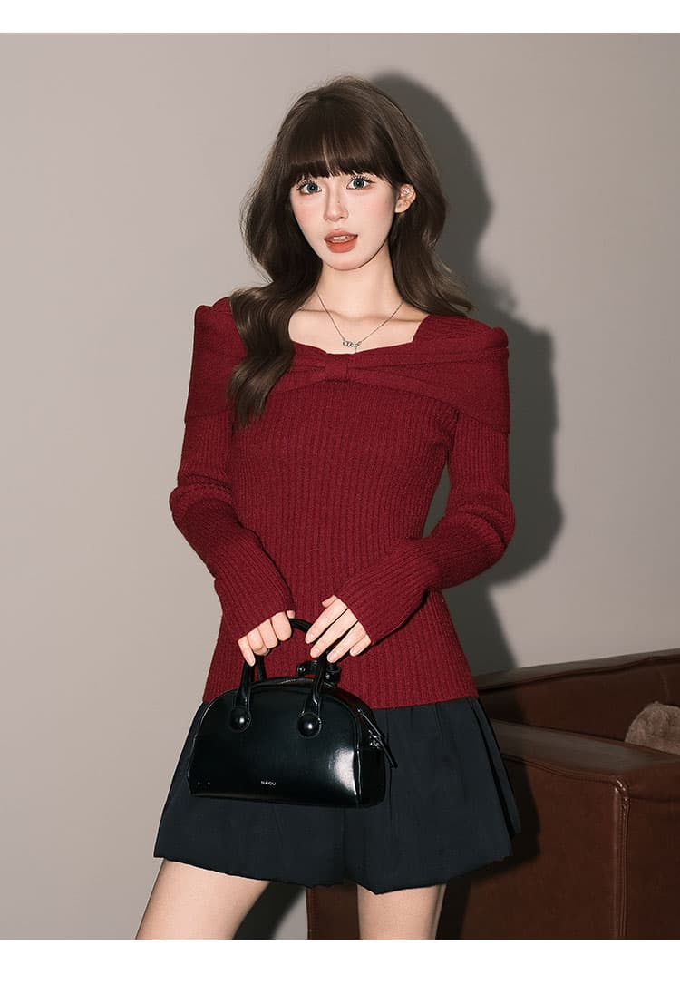 프랑스식 부드러운 쌀 화이트 부드러운 찹쌀 스웨터 니트 스웨터 여성 순수한 욕망 ins 나비 매듭 오프숄더 맨위 상세 이미지 15