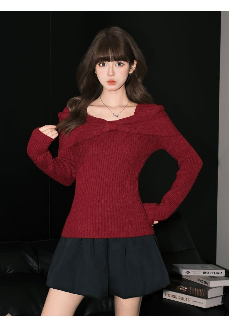 프랑스식 부드러운 쌀 화이트 부드러운 찹쌀 스웨터 니트 스웨터 여성 순수한 욕망 ins 나비 매듭 오프숄더 맨위 상세 이미지 17