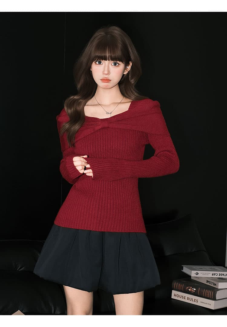 프랑스식 부드러운 쌀 화이트 부드러운 찹쌀 스웨터 니트 스웨터 여성 순수한 욕망 ins 나비 매듭 오프숄더 맨위 상세 이미지 18
