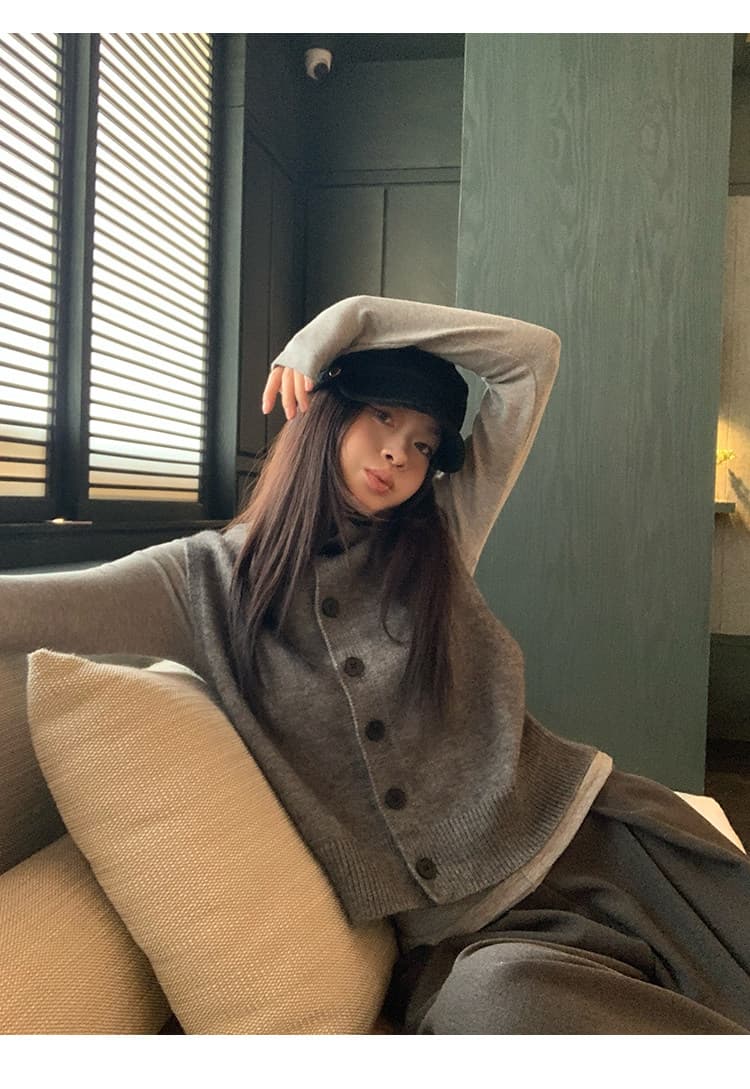 송 긍정적 인 En 어두운 회색 터틀넥 니트 조끼 여자 이른 봄 높음 지혜 센스 전후 둘 착용 스웨터 조끼 스택 착용 맨위 상세 이미지 30