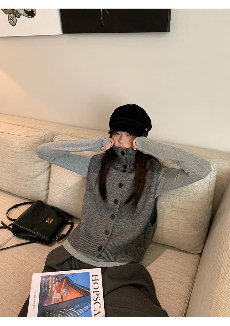송 긍정적 인 En 어두운 회색 터틀넥 니트 조끼 여자 이른 봄 높음 지혜 센스 전후 둘 착용 스웨터 조끼 스택 착용 맨위 상세 이미지 31