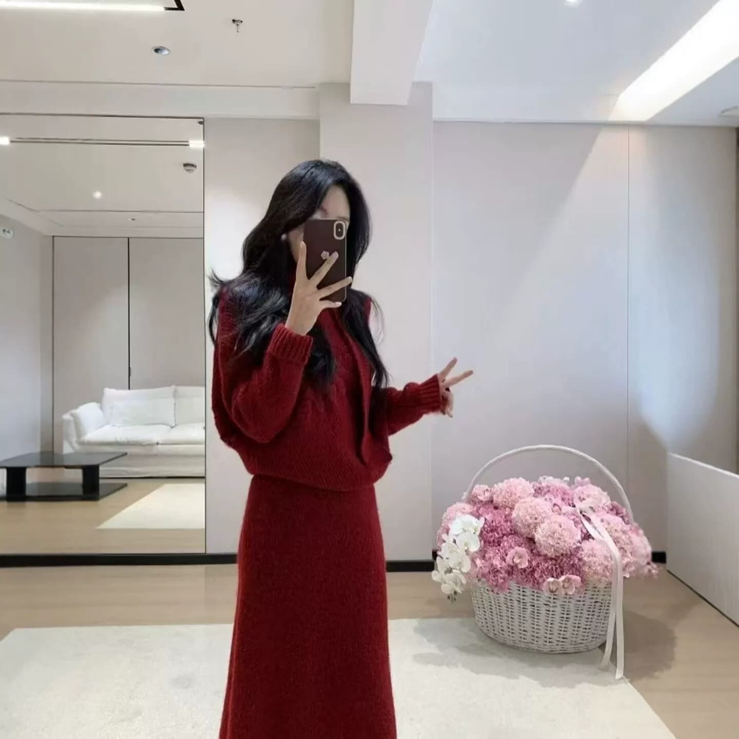 프랑스식 부드러운 느긋한 바람 비스듬한 어깨 니트 세트 여성 가을 겨울 고급 센스 품격 명문 여성 반신 스커트 투피스 세트 트렌디 상세 이미지 1