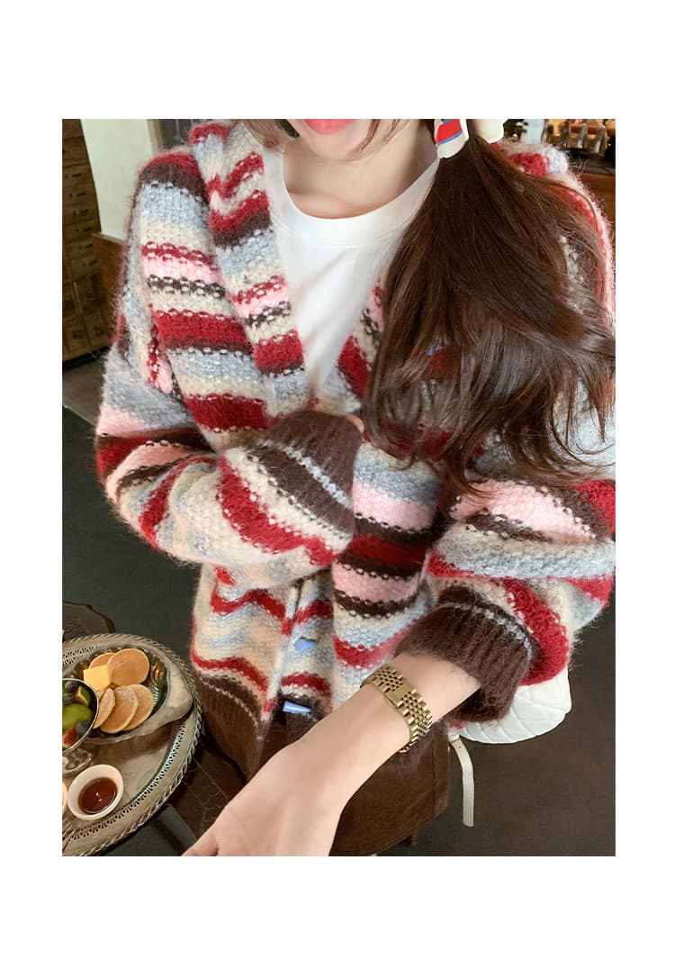 한 번 작은 짭짤한 한 부서 빨간색 스트라이프 후드 스웨터 오픈 가디건 여성 가을 겨울철 루즈핏 느긋한 니트 재킷 맨위 상세 이미지 19