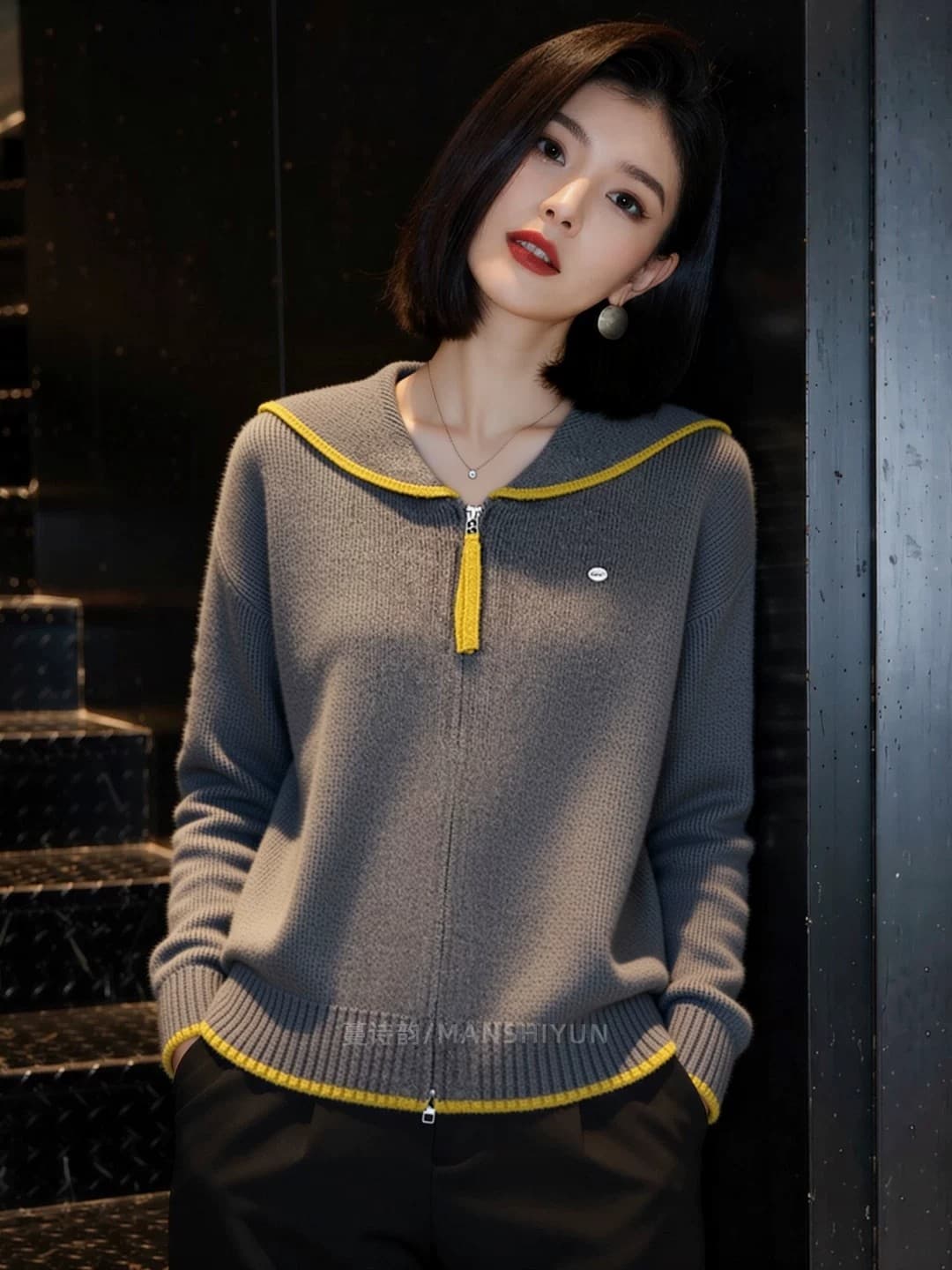 해군 베이비 칼라 가을 새로운 한 부서 패치워크 색상 루즈핏 슬림해 보이는 보온 부드러운 찹쌀 당겨서 달구다 오픈 가디건 스웨터 여자 재킷 이미지 2