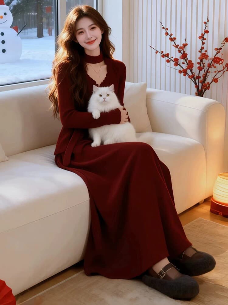 2026 가을 니트 스웨터 착용 가져 가라. 프랑스식 품격 고급 센스 빨간색 세트 드레스 여성 투피스 세트 반신 스커트 스웨터 상세 이미지 6
