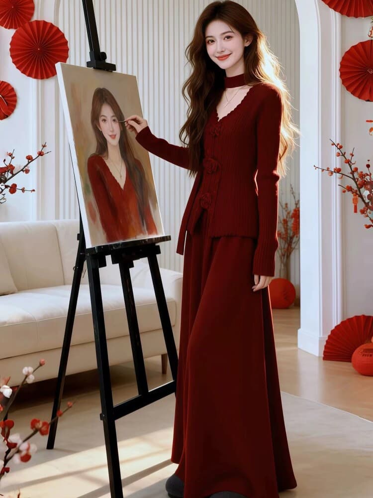2026 가을 니트 스웨터 착용 가져 가라. 프랑스식 품격 고급 센스 빨간색 세트 드레스 여성 투피스 세트 반신 스커트 스웨터 상세 이미지 7