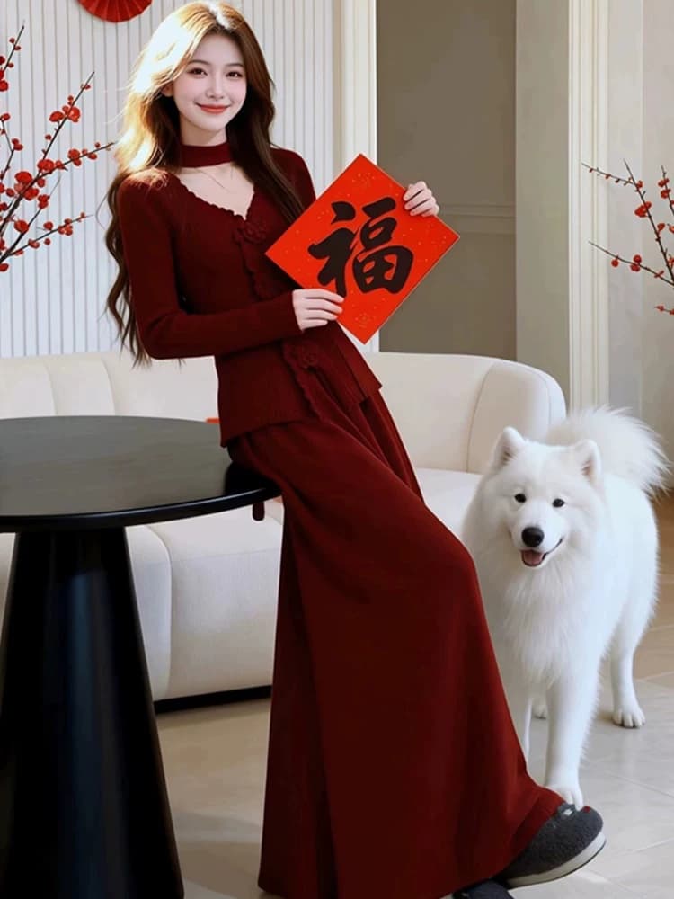 2026 가을 니트 스웨터 착용 가져 가라. 프랑스식 품격 고급 센스 빨간색 세트 드레스 여성 투피스 세트 반신 스커트 스웨터 상세 이미지 8