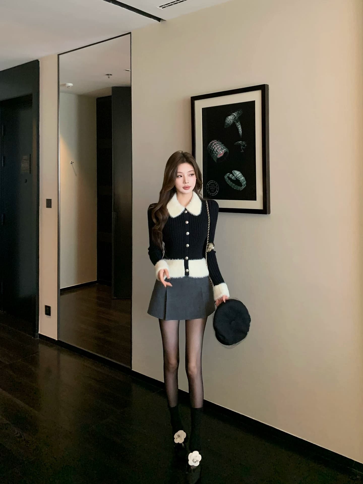 치우 고기 야오 파리 사랑 폴로 칼라 플리스 패치워크 니트 스웨터 맨위 쇼트 스타일 구덩이 기사 스웨터 여성 코트 이미지 4