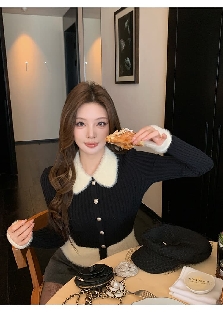 치우 고기 야오 파리 사랑 폴로 칼라 플리스 패치워크 니트 스웨터 맨위 쇼트 스타일 구덩이 기사 스웨터 여성 코트 상세 이미지 9