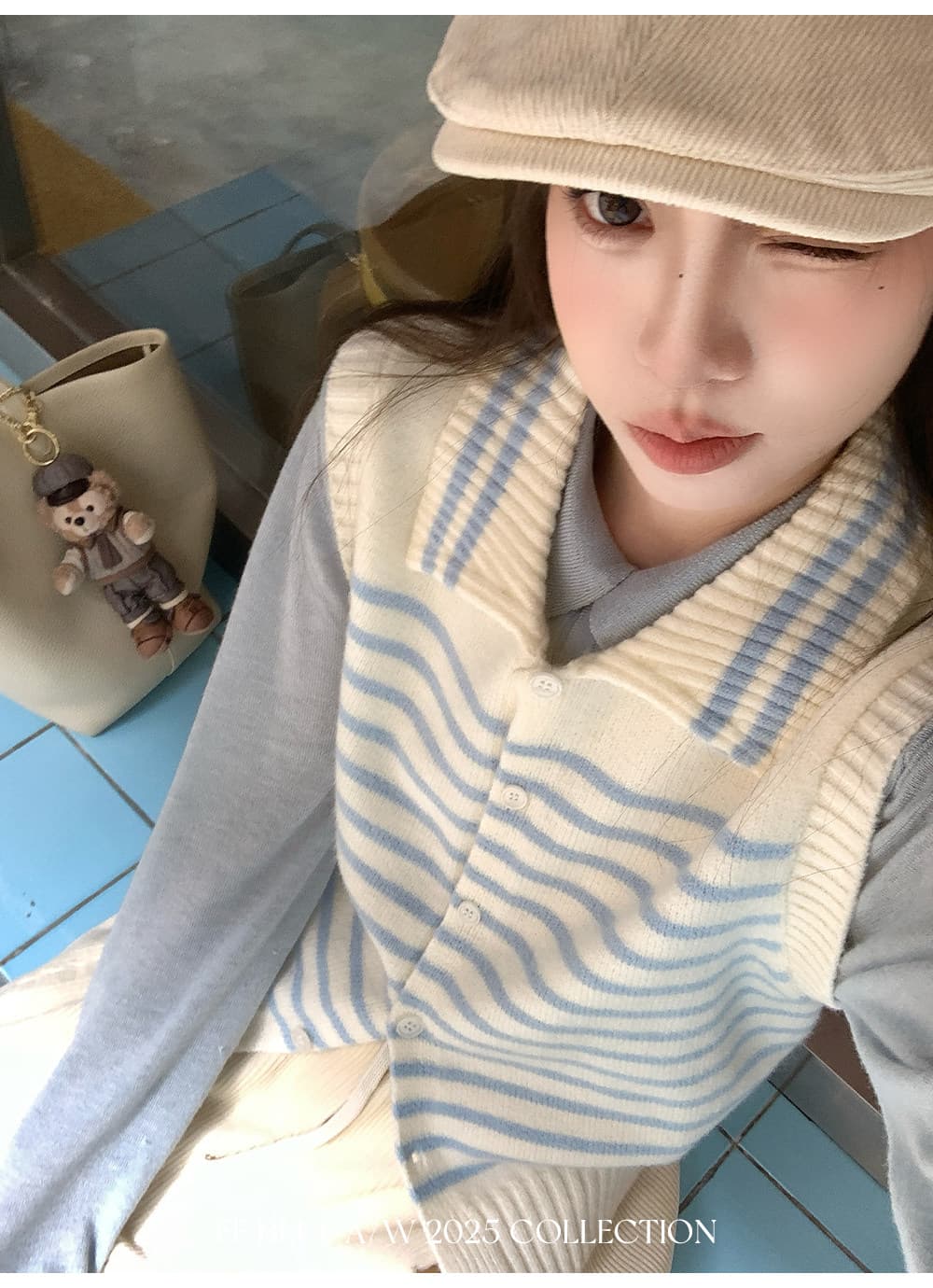 ff blue 화이트 연인 바다 소금 우유 블루 저항 올린 사람 : 공 양 플러시 스트라이프 폴로 칼라 베스트 조끼 니트 스웨터 이미지 4