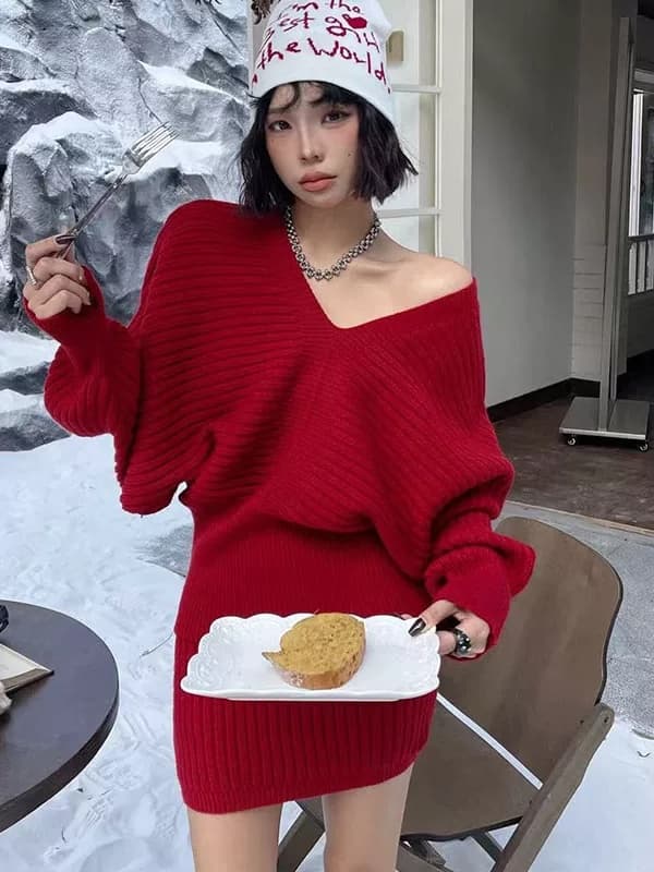 부드러운 찹쌀 V넥 긴팔 풀오버 스웨터 여자 2026 가을과 겨울 한 부서 품격 슬림해 보이는 니트 맨위 반 스커트 세트 이미지 5