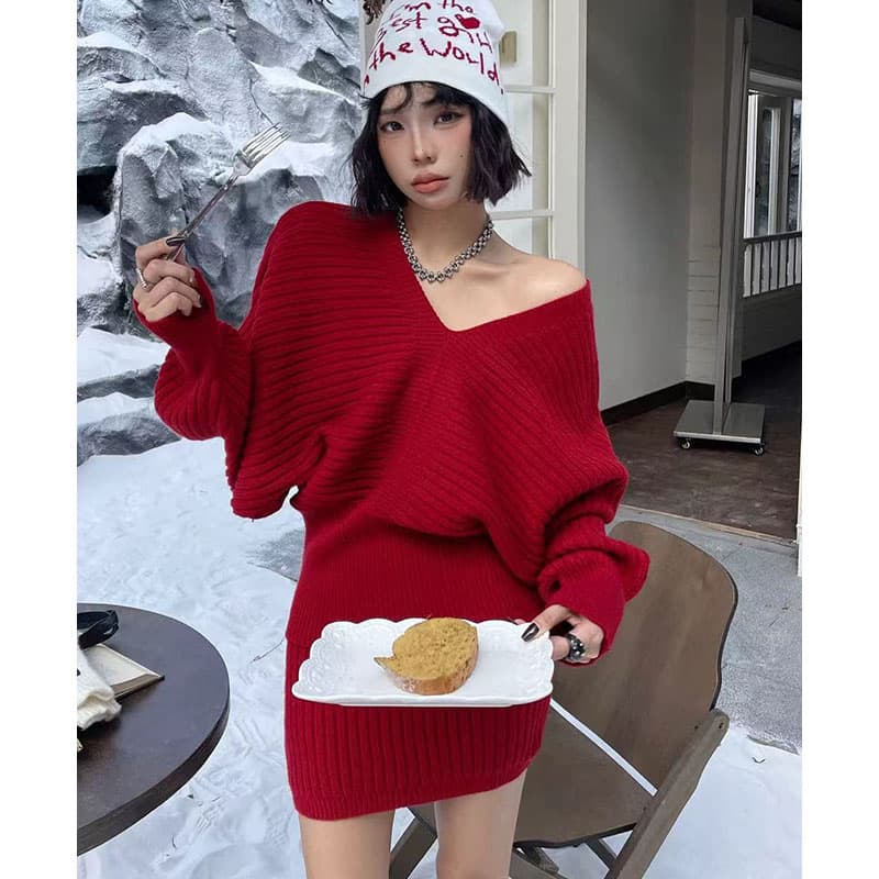 부드러운 찹쌀 V넥 긴팔 풀오버 스웨터 여자 2026 가을과 겨울 한 부서 품격 슬림해 보이는 니트 맨위 반 스커트 세트 상세 이미지 16