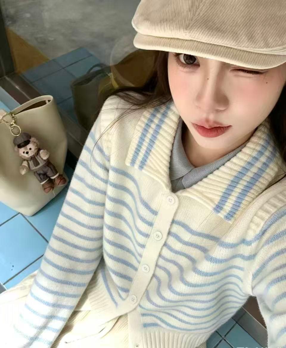 ff blue 화이트 연인 바다 소금 우유 블루 저항 올린 사람 : 공 양 플러시 스트라이프 폴로 칼라 베스트 조끼 니트 스웨터 상세 이미지 21