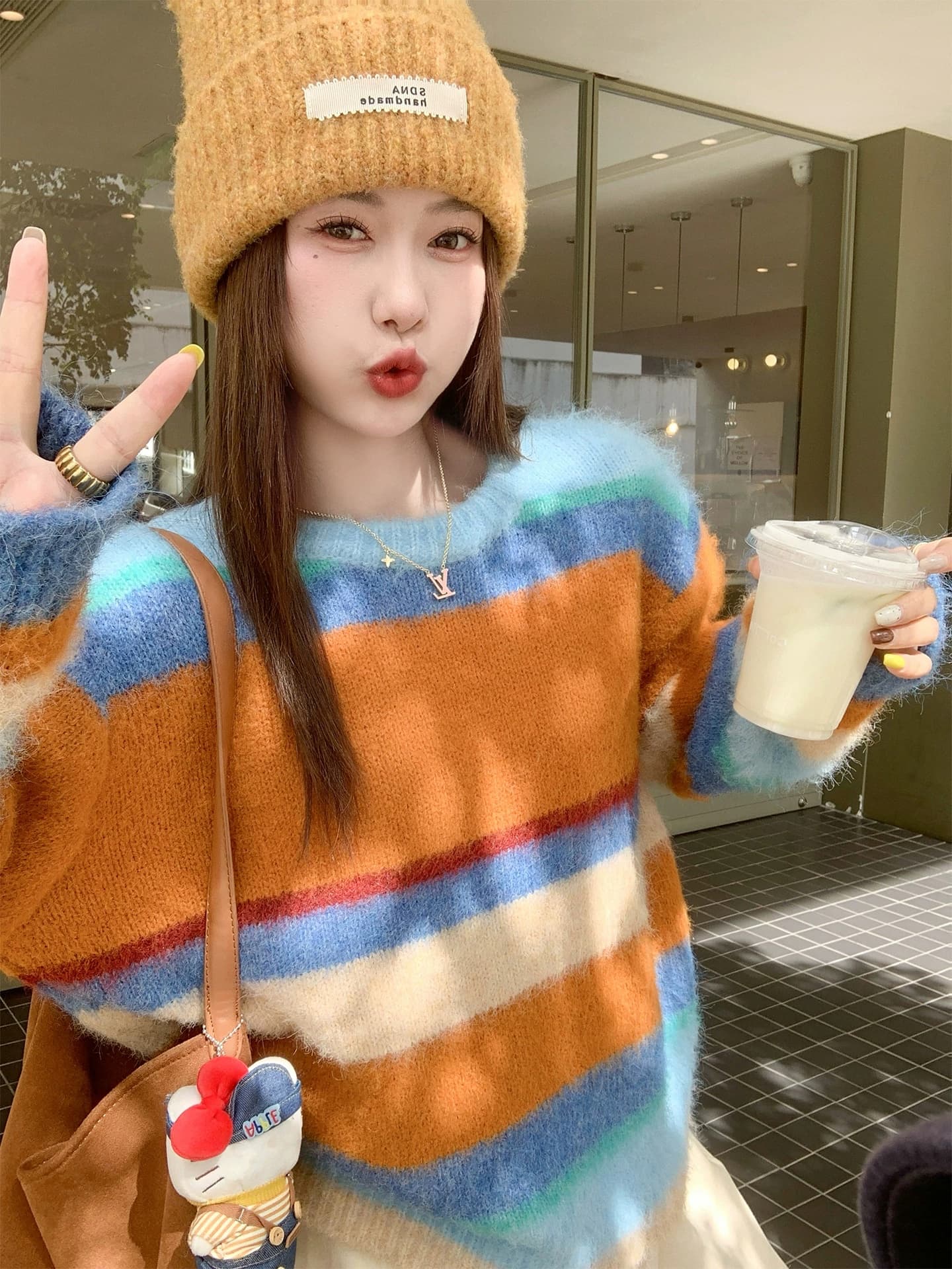 한 번 작은 짭짤한 한 부서 도파민 스트라이프 스웨터 여자 가을 겨울 새로운 작은 키 인사이드 가져 가라. 니트 스웨터 맨위 겨울 이미지 2