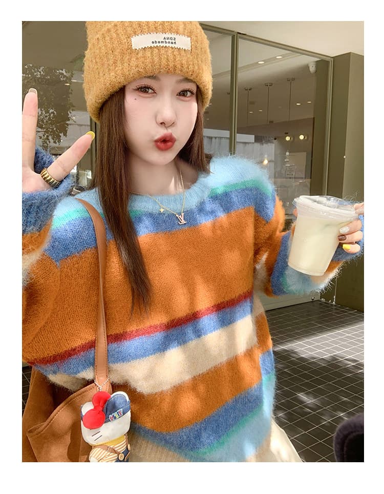 한 번 작은 짭짤한 한 부서 도파민 스트라이프 스웨터 여자 가을 겨울 새로운 작은 키 인사이드 가져 가라. 니트 스웨터 맨위 겨울 상세 이미지 9