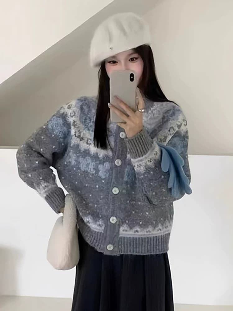 공정한 섬 파란색 자카드 니트 오픈 가디건 여성 가을 겨울 루즈핏 스웨터 코트 두꺼운 느긋한 바람 니트 스웨터 맨위 상세 이미지 1
