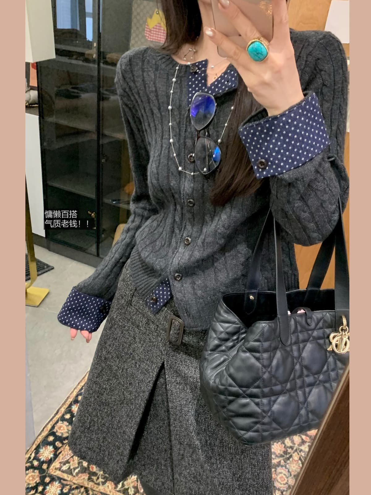 청 봄 꽃 밀라노 소녀 양모 토끼털 도트 무늬 페이크 레이어드 트위스트 꽃 레트로 스웨터 오픈 가디건 여성 루즈핏 상세 이미지 17
